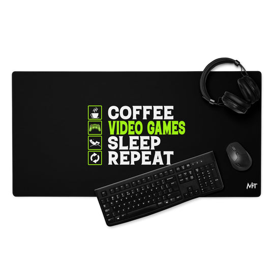 Coffee, Video Games, Sleep, Repeat Desk Mat by DarkByteGear