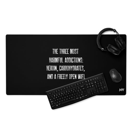 The three most harmful addictions heroin, carbohydrates and a freely open WiFi - Desk Mat by DarkByteGear