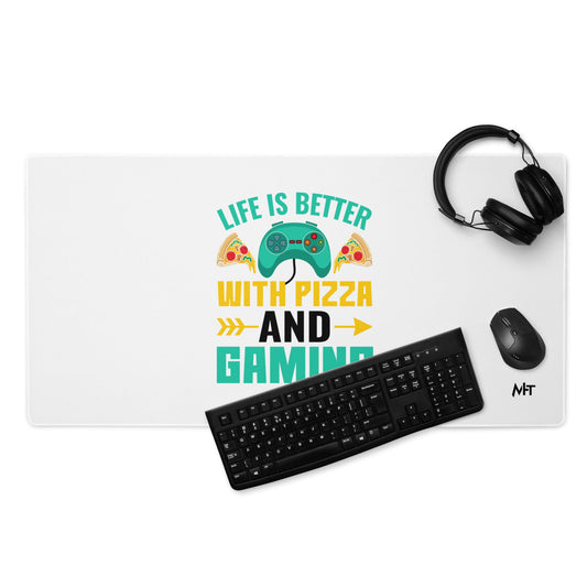 Life is Better With Pizza and Gaming Rima 14 in Dark Text - Desk Mat by DarkByteGear