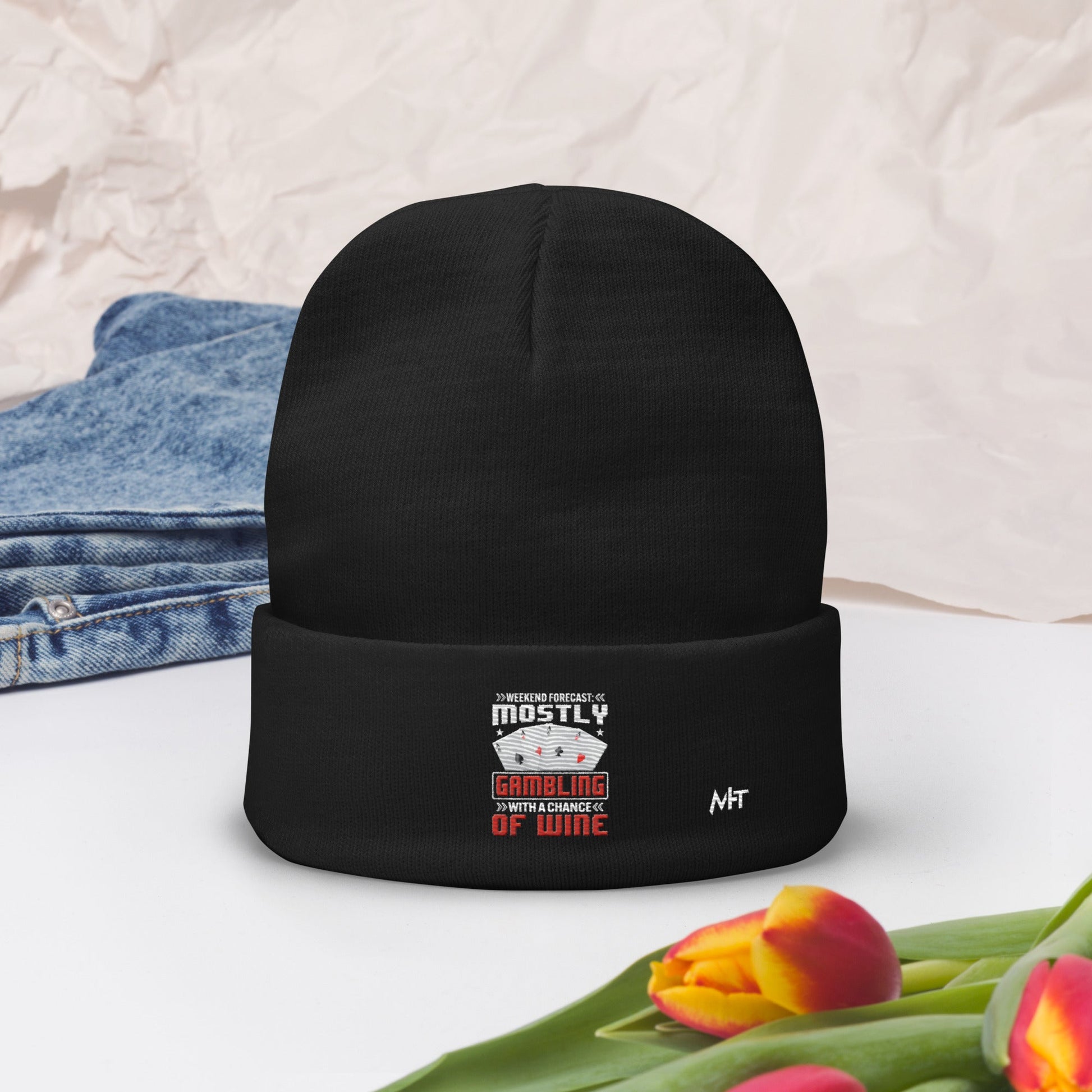 Weekend Forecast Mostly Gambling With a Chance of Wine - Embroidered Beanie by DarkByteGear