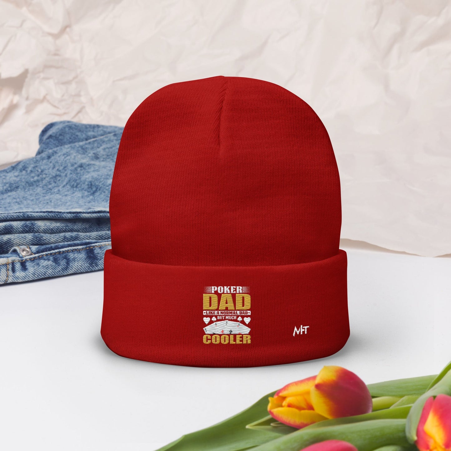 Poker Dad is like a Normal Dad but much Cooler - Embroidered Beanie by DarkByteGear