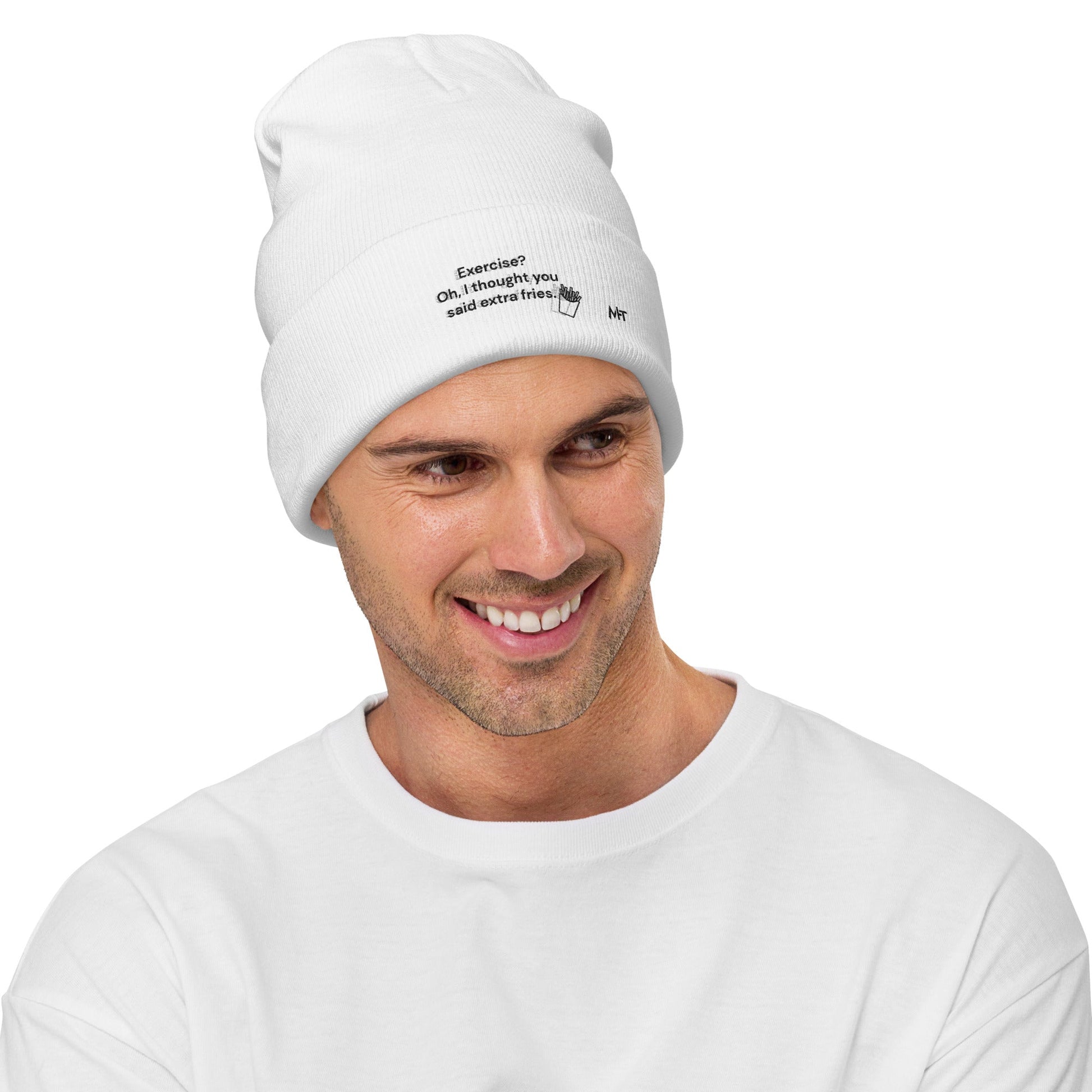 Exercise? Oh, I thought you said extra fries - Embroidered Beanie by DarkByteGear