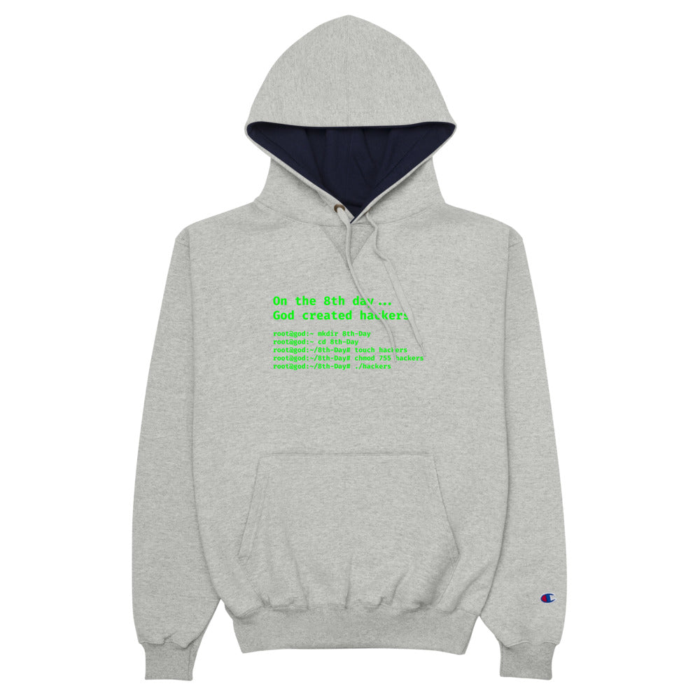 On the 8th day God created hackers - Champion Hoodie (front print) by DarkByteGear