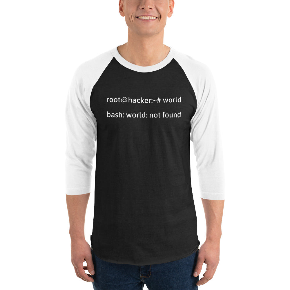 Linux Tweaks - world not found - 3/4 sleeve raglan shirt (white text) by DarkByteGear
