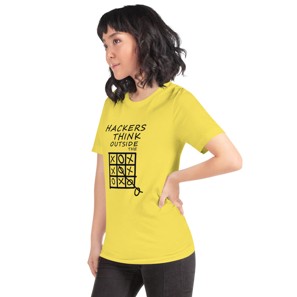 Hackers think outside the box - Short-Sleeve Unisex T-Shirt (black text) by DarkByteGear