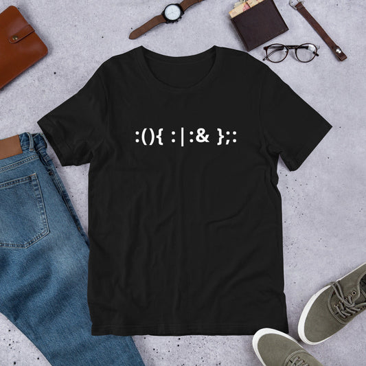 Linux Hackers - Bash Fork Bomb - White Text - Short-Sleeve Unisex T-Shirt by DarkByteGear