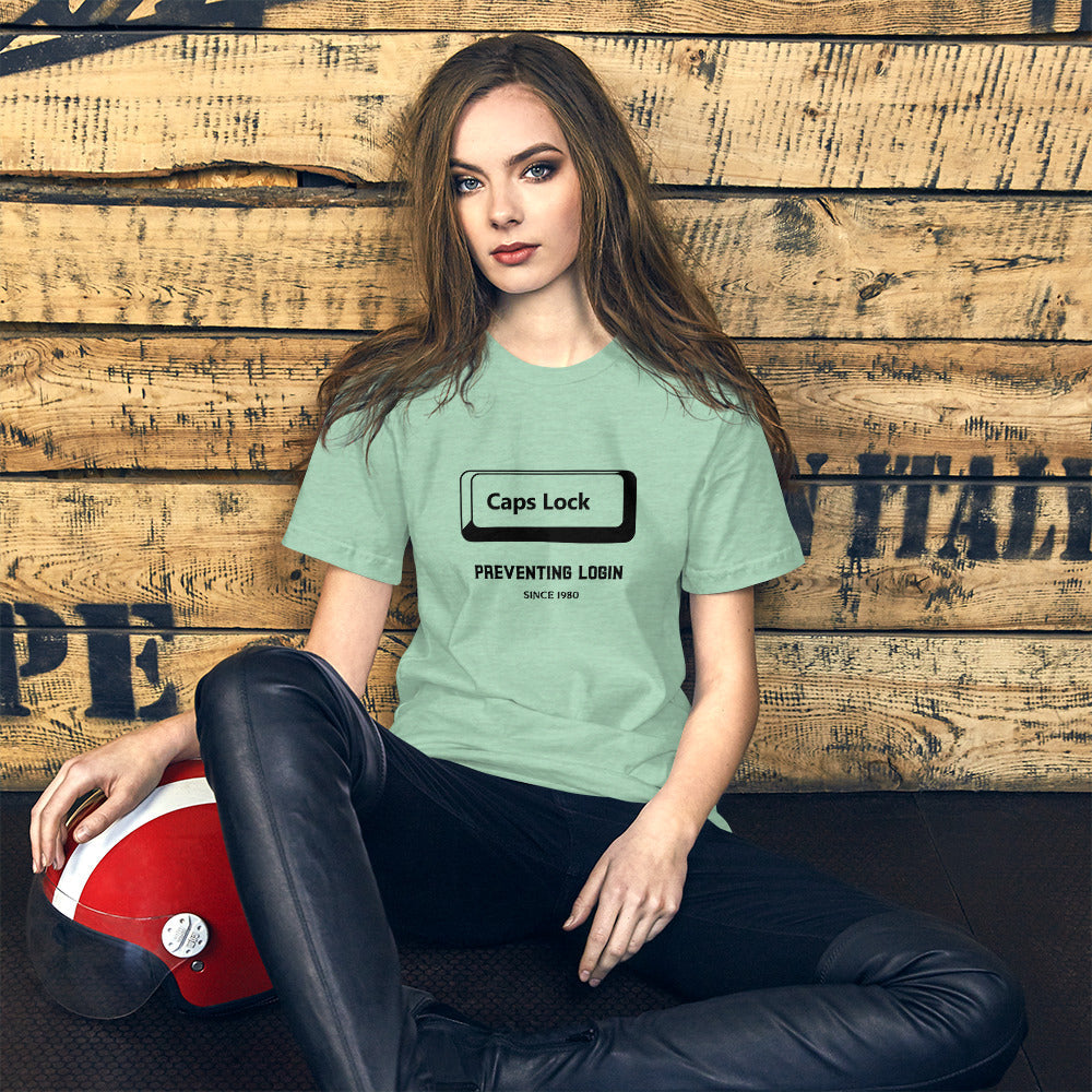 Caps Lock preventing login since 1980 - Short-Sleeve Unisex T-Shirt (black text) by DarkByteGear