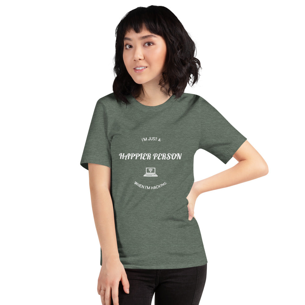 I'm a happier person when I'm hacking - Short-Sleeve Unisex T-Shirt (white text) by DarkByteGear