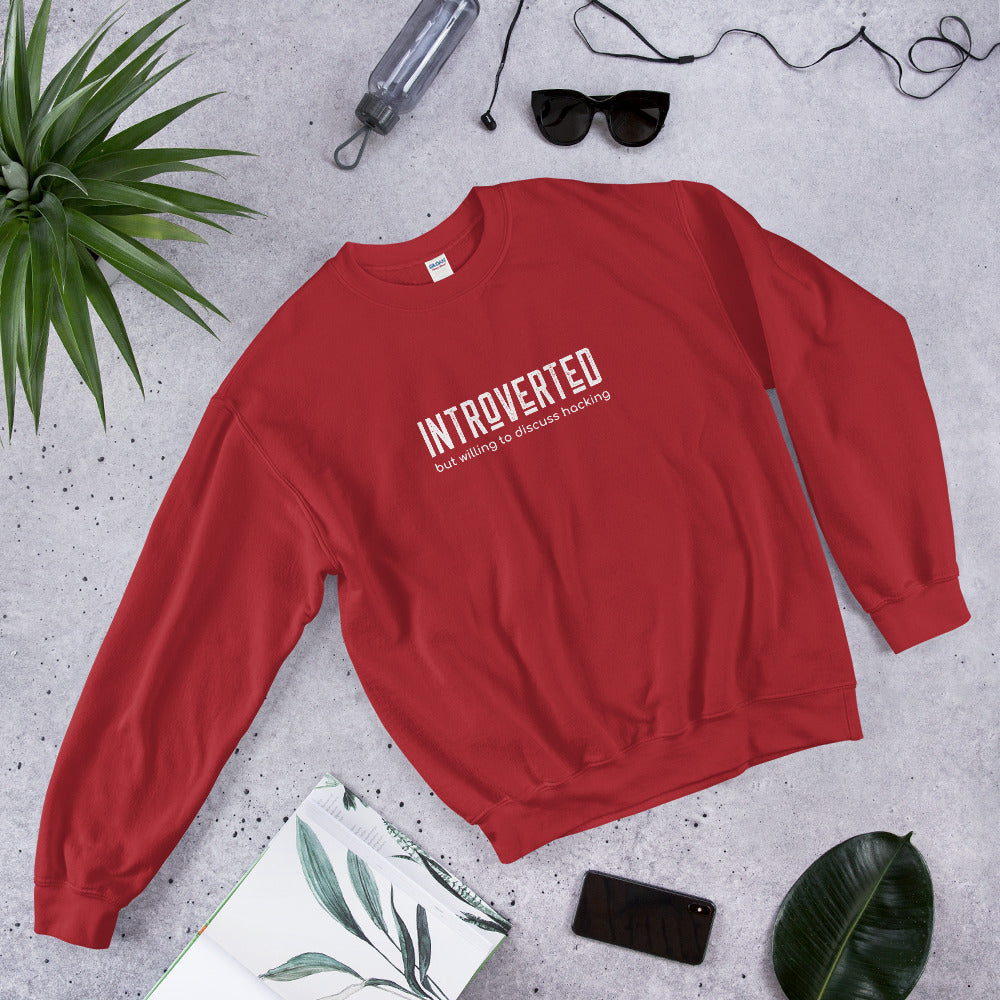 Introverted but willing to discuss hacking - Unisex Sweatshirt (white text) by DarkByteGear