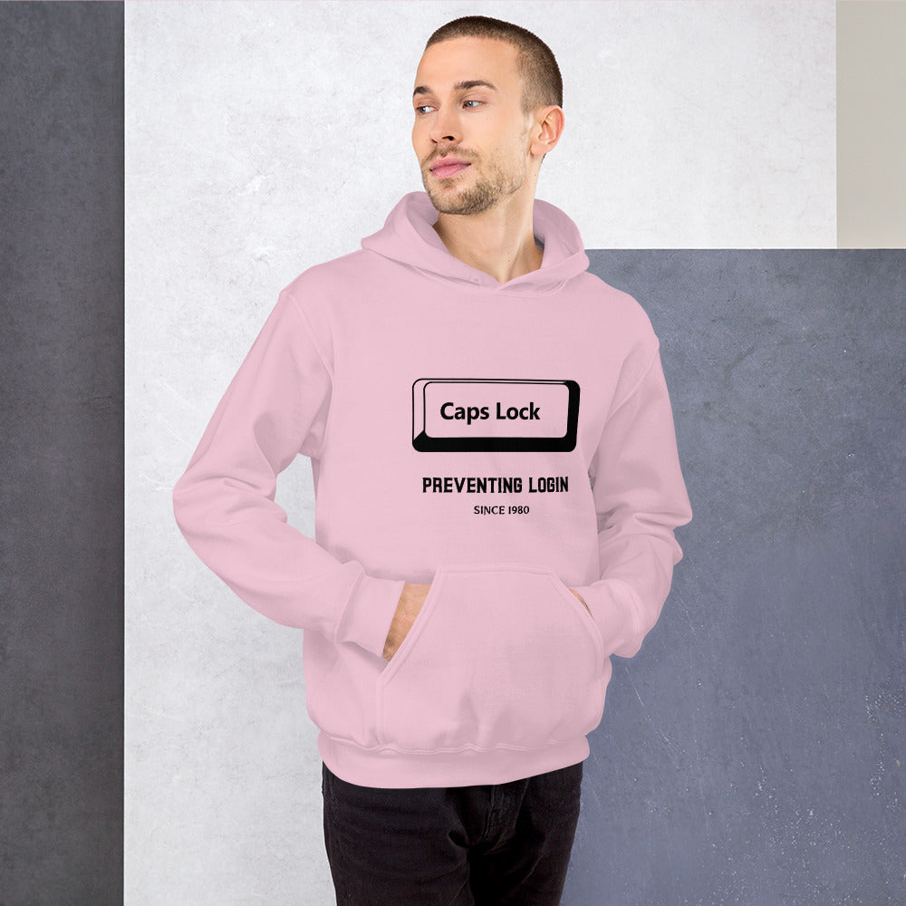 Caps Lock preventing login since 1980 - Unisex Hoodie (black text) by DarkByteGear