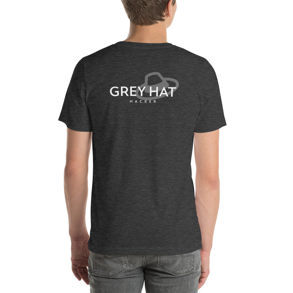 Grey Hat Hacker - Short-Sleeve Unisex T-Shirt (back print) by DarkByteGear