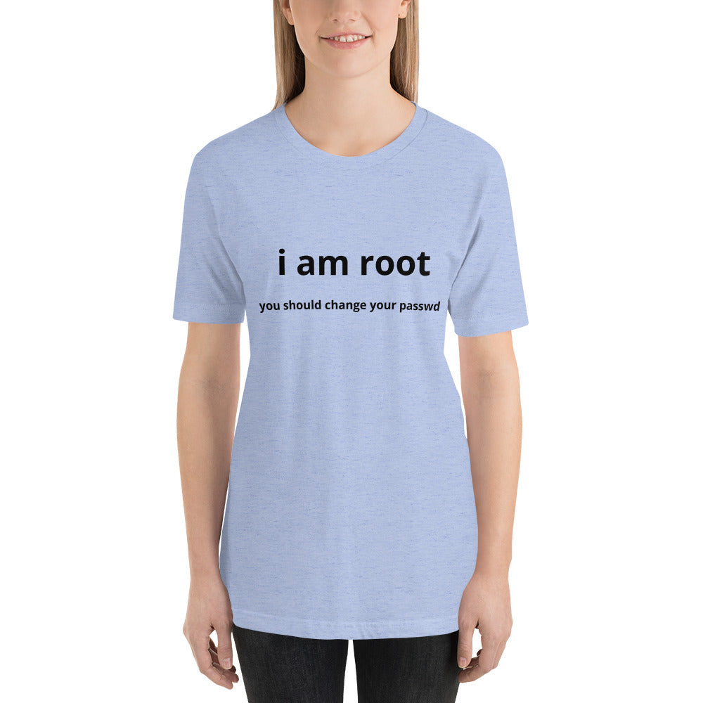 i am root - Short-Sleeve Unisex T-Shirt (black text) by DarkByteGear