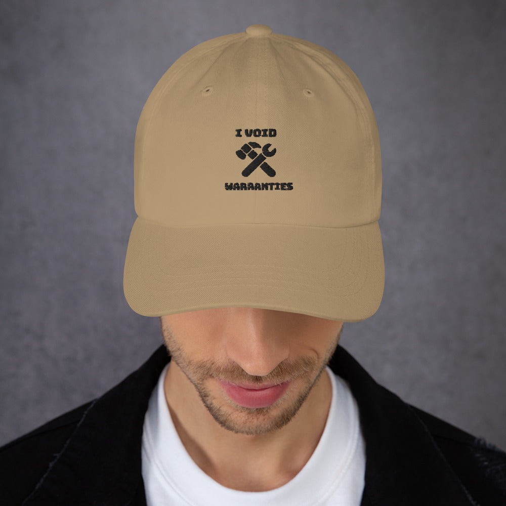 I void warranties - Dad hat (black text) by DarkByteGear