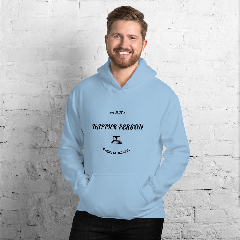 I'm a happier person when I'm hacking - Unisex Hoodie (black text) by DarkByteGear