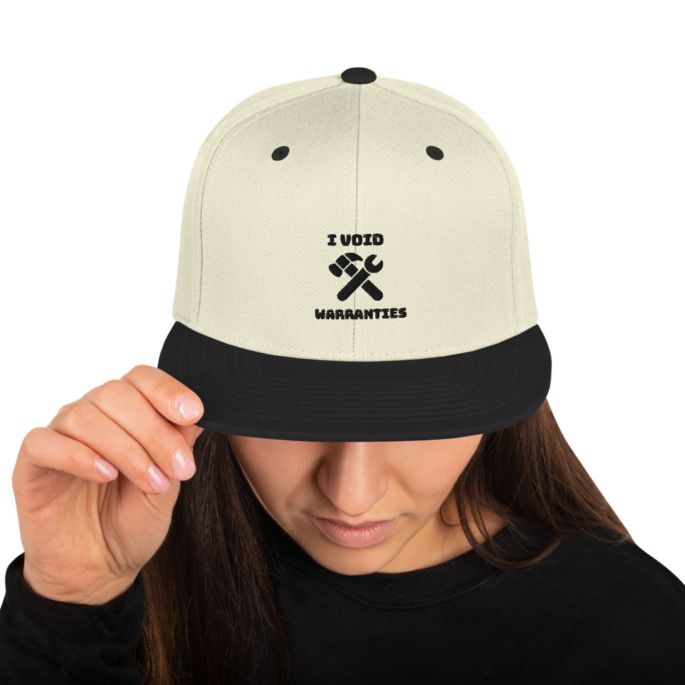I void warranties - Snapback Hat (black text) by DarkByteGear