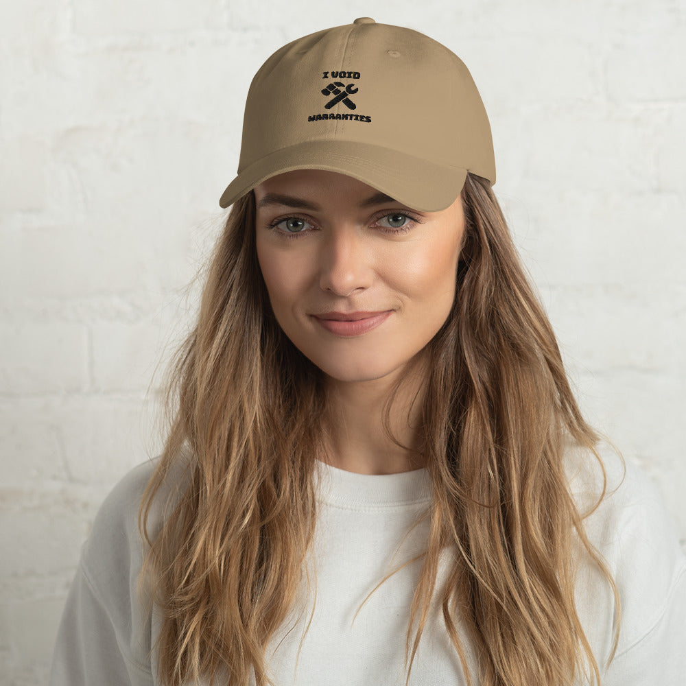 I void warranties - Dad hat (black text) by DarkByteGear