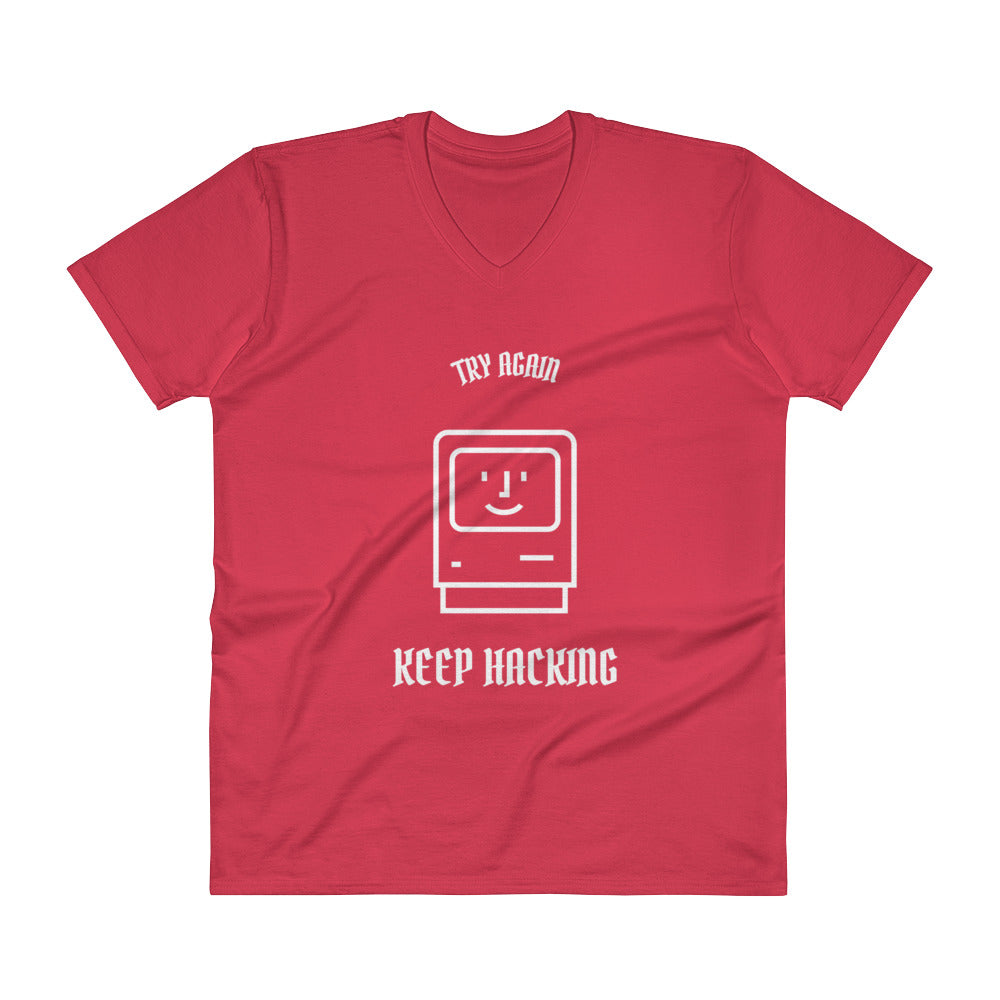 Keep hacking - V-Neck T-Shirt (white text) by DarkByteGear