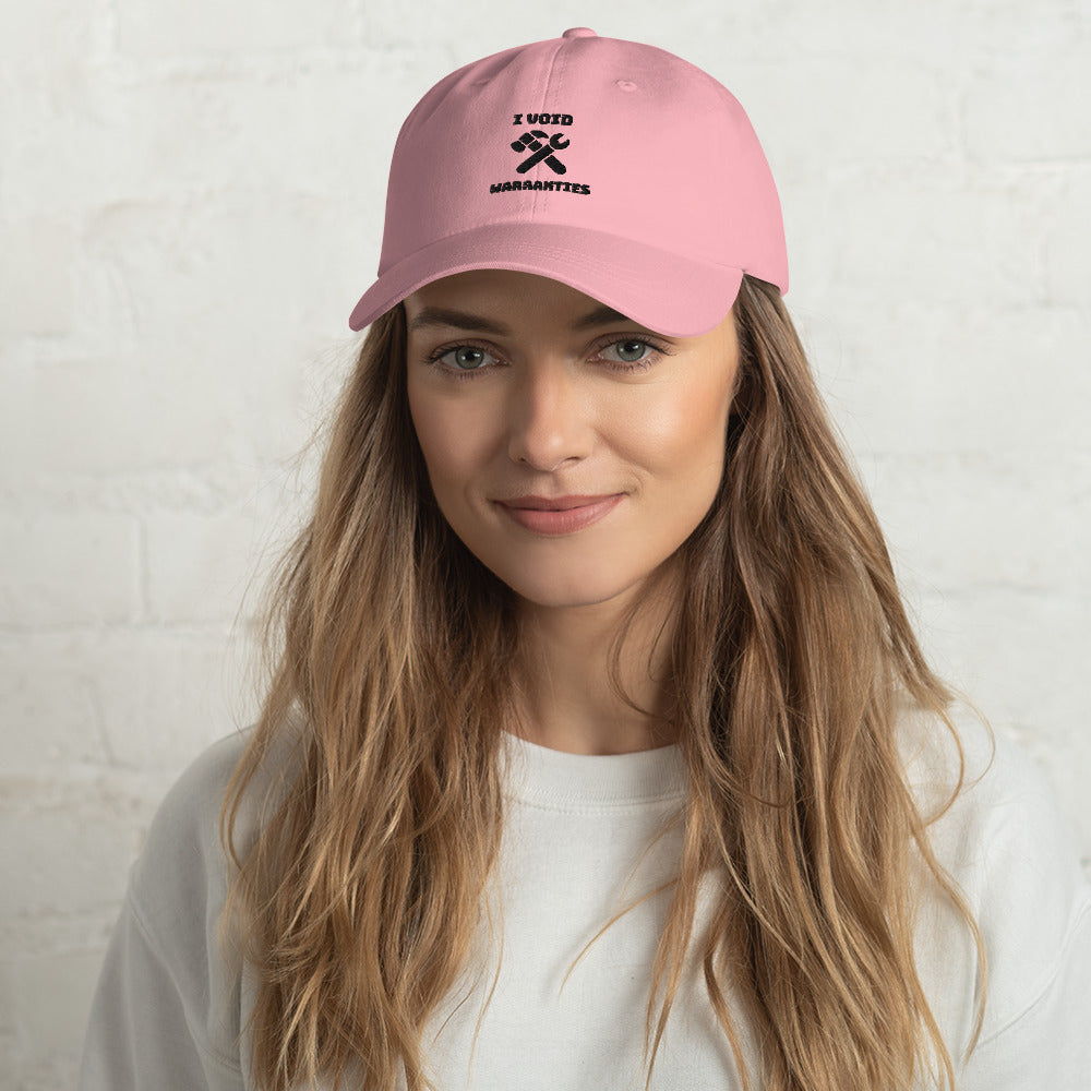 I void warranties - Dad hat (black text) by DarkByteGear