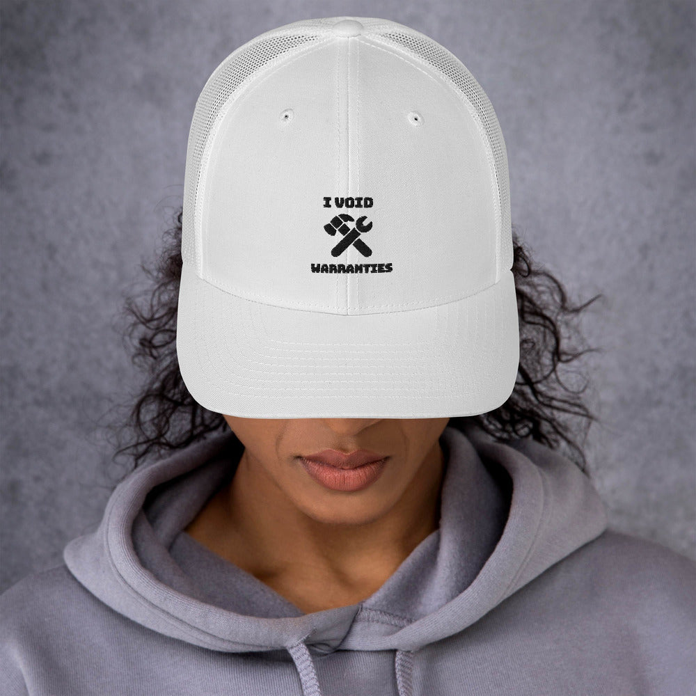 I void warranties - Trucker Cap (black text) by DarkByteGear
