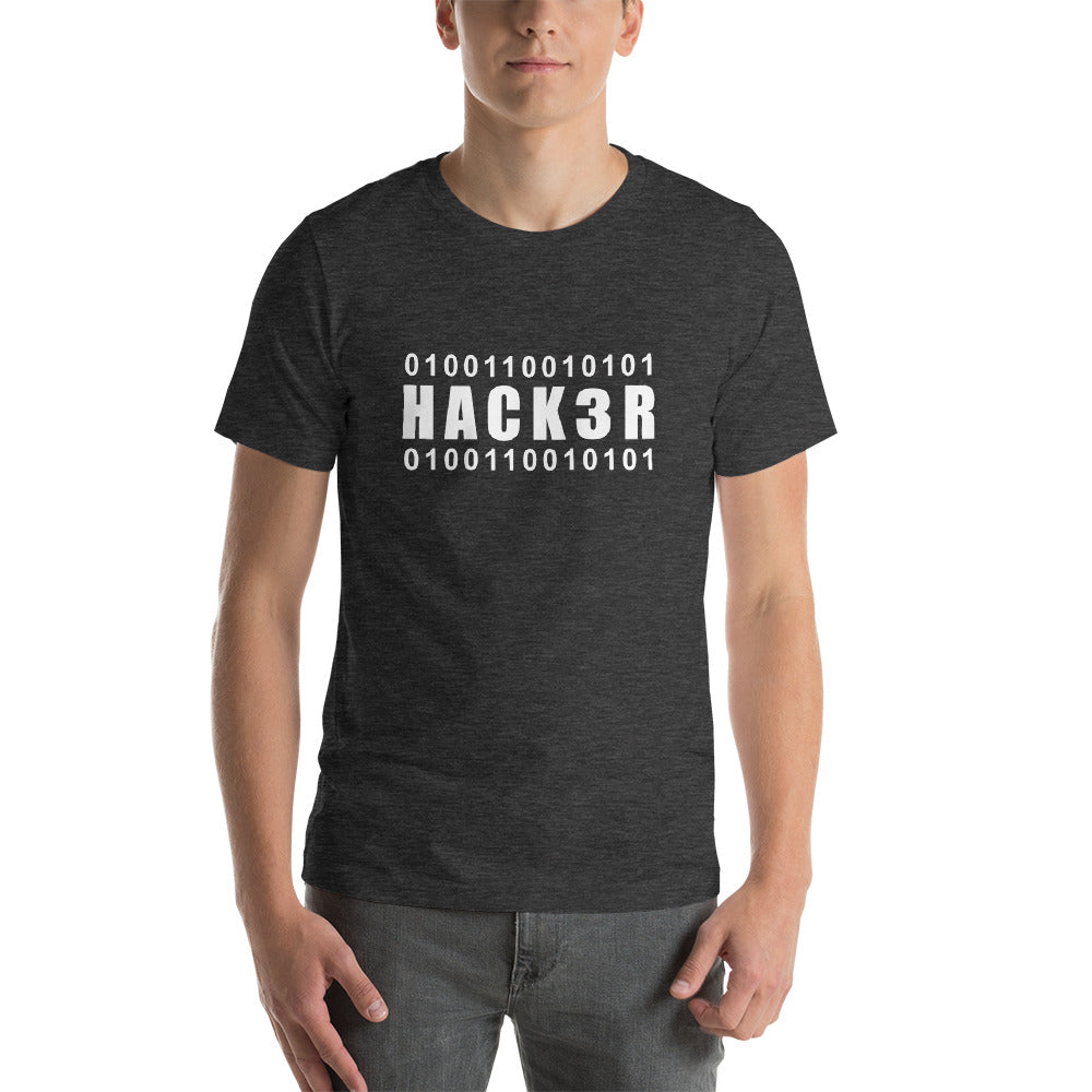 0100110010101 Hack3r Short-Sleeve Unisex T-Shirt (white text) by DarkByteGear