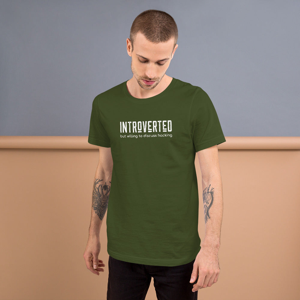 Introverted but willing to discuss hacking - Short-Sleeve Unisex T-Shirt (white text) by DarkByteGear