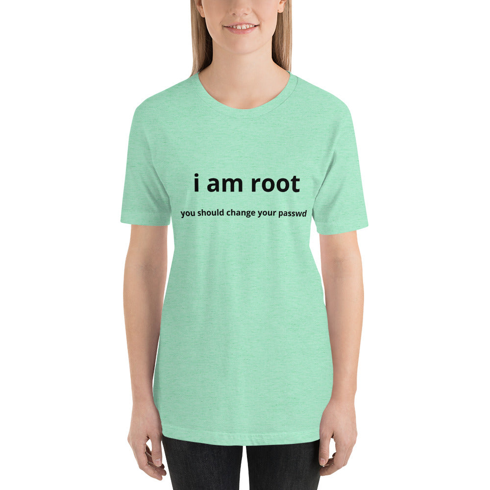 i am root - Short-Sleeve Unisex T-Shirt (black text) by DarkByteGear