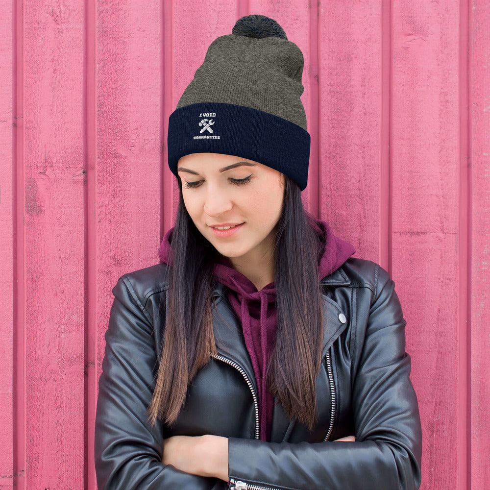 I void warranties - Pom-Pom Beanie (white text) by DarkByteGear