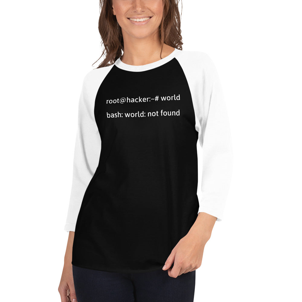 Linux Tweaks - world not found - 3/4 sleeve raglan shirt (white text) by DarkByteGear
