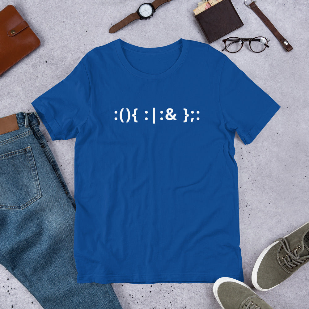 Linux Hackers - Bash Fork Bomb - White Text - Short-Sleeve Unisex T-Shirt by DarkByteGear