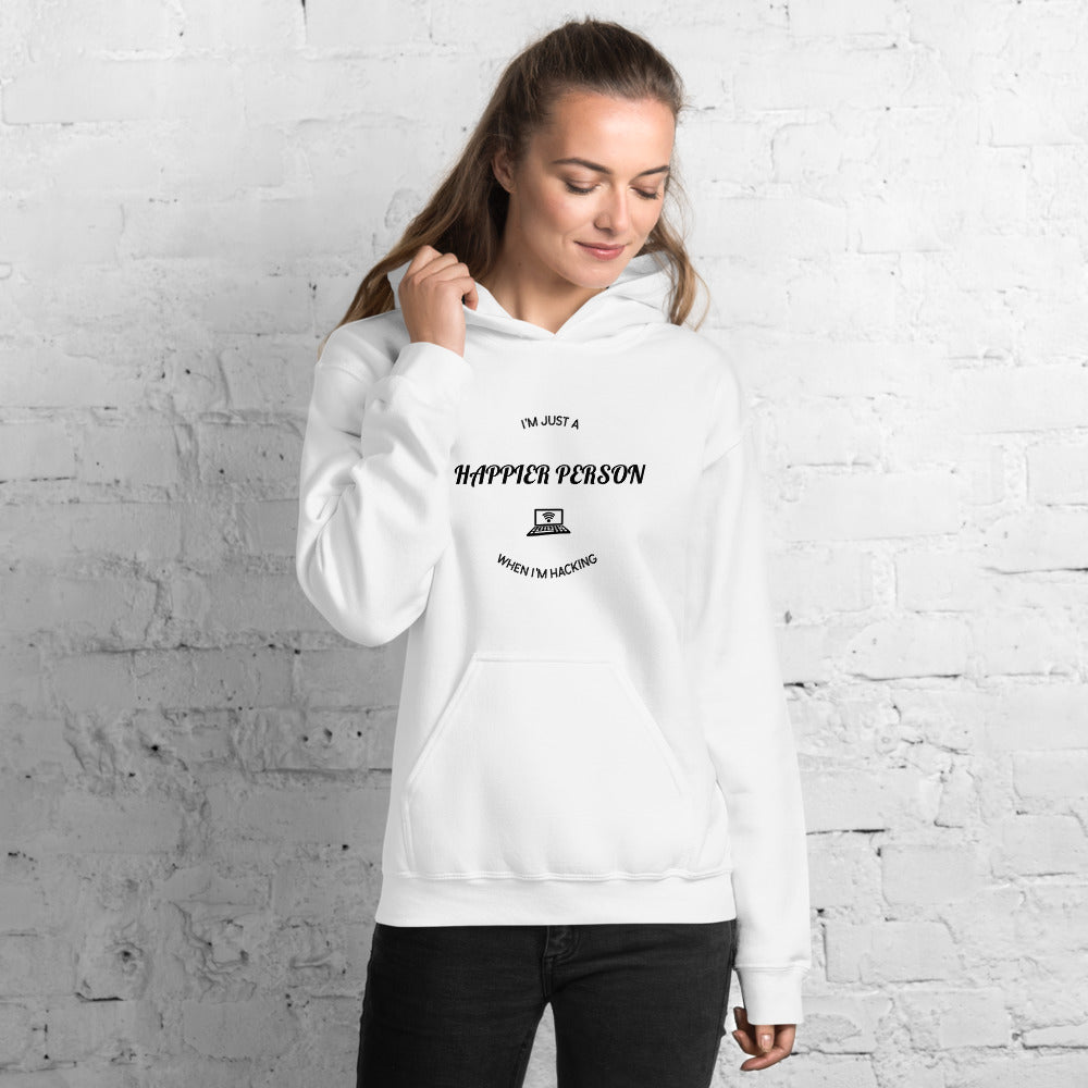 I'm a happier person when I'm hacking - Unisex Hoodie (black text) by DarkByteGear