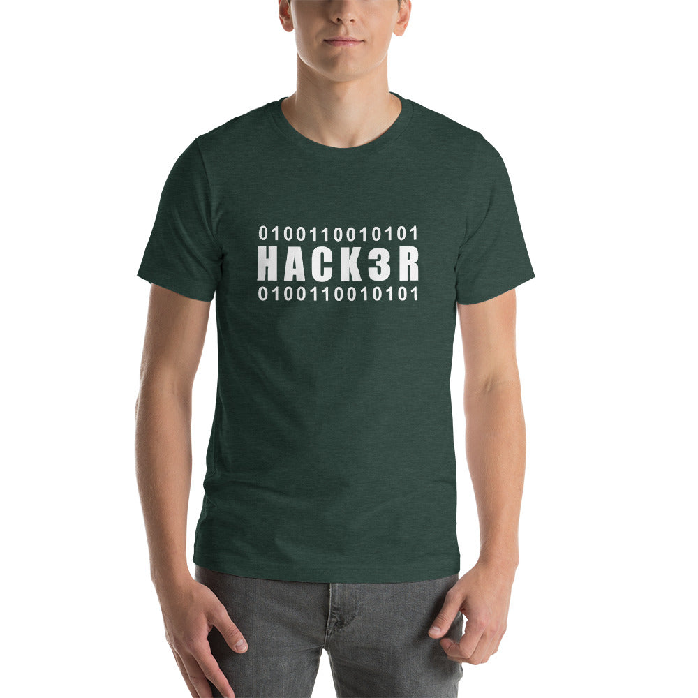 0100110010101 Hack3r Short-Sleeve Unisex T-Shirt (white text) by DarkByteGear