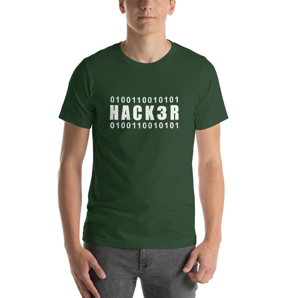 0100110010101 Hack3r Short-Sleeve Unisex T-Shirt (white text) by DarkByteGear
