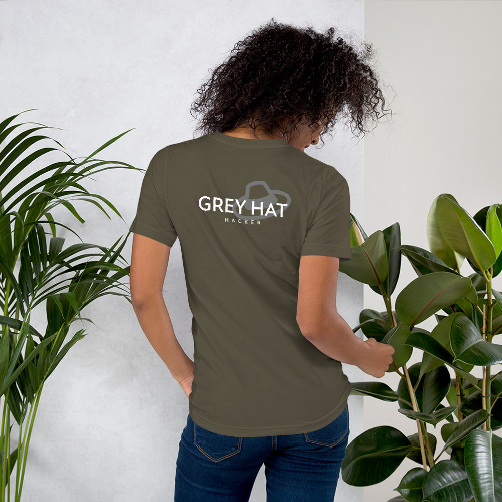 Grey Hat Hacker - Short-Sleeve Unisex T-Shirt (back print) by DarkByteGear