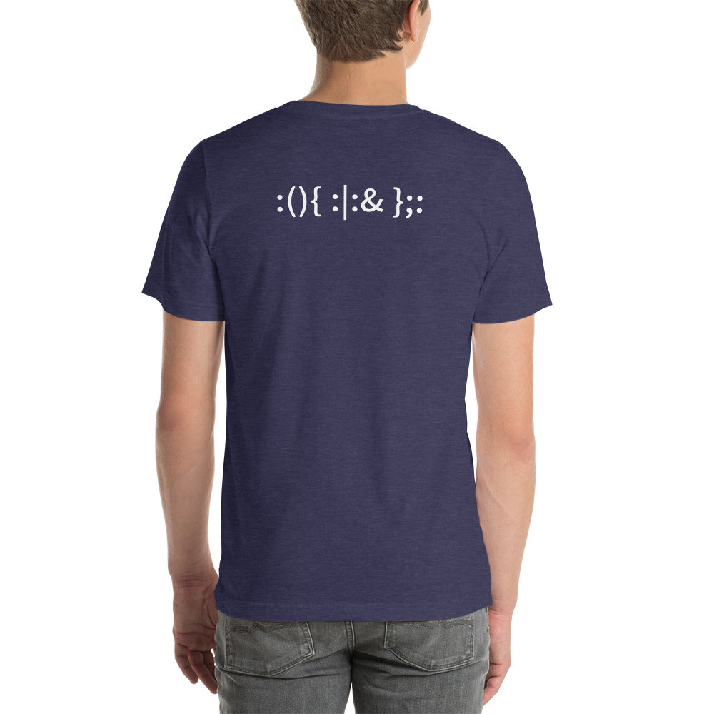 Linux Hackers - Bash Fork Bomb - White Text Short-Sleeve Unisex T-Shirt ( with back design) by DarkByteGear