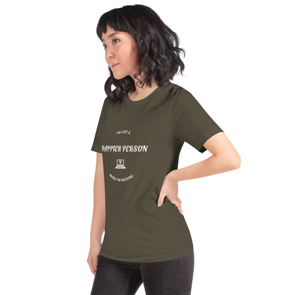 I'm a happier person when I'm hacking - Short-Sleeve Unisex T-Shirt (white text) by DarkByteGear