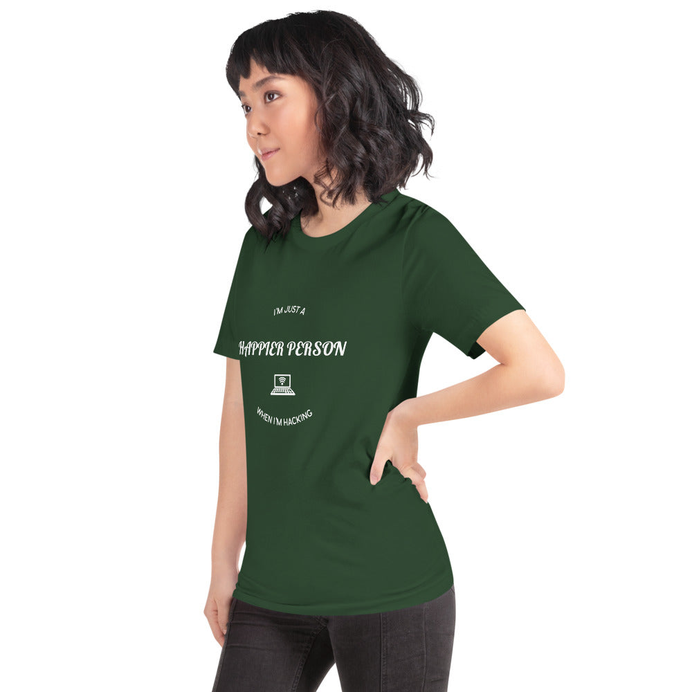 I'm a happier person when I'm hacking - Short-Sleeve Unisex T-Shirt (white text) by DarkByteGear