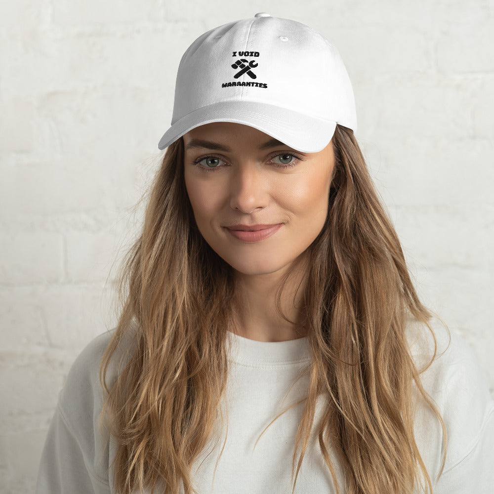 I void warranties - Dad hat (black text) by DarkByteGear