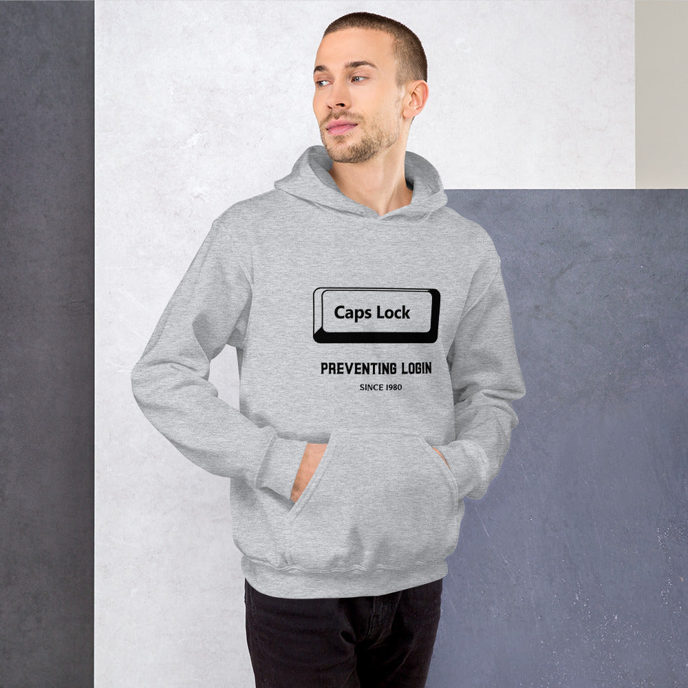 Caps Lock preventing login since 1980 - Unisex Hoodie (black text) by DarkByteGear