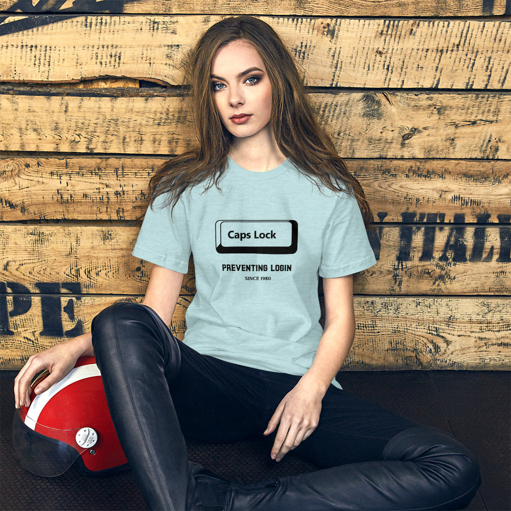Caps Lock preventing login since 1980 - Short-Sleeve Unisex T-Shirt (black text) by DarkByteGear