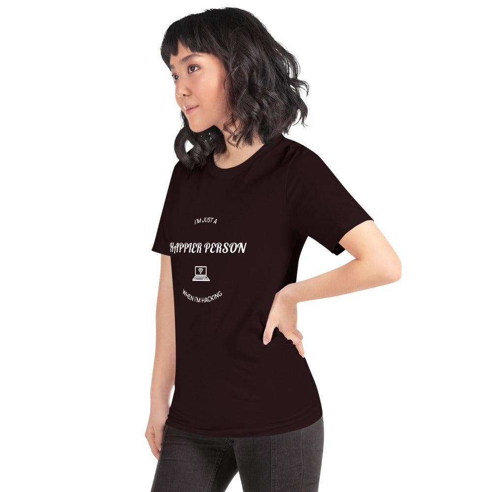 I'm a happier person when I'm hacking - Short-Sleeve Unisex T-Shirt (white text) by DarkByteGear