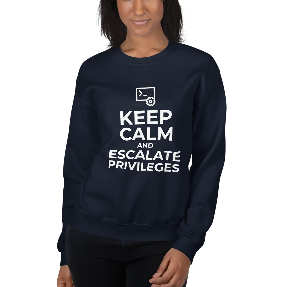Keep calm and escalate privileges - Unisex Sweatshirt (white text) by DarkByteGear