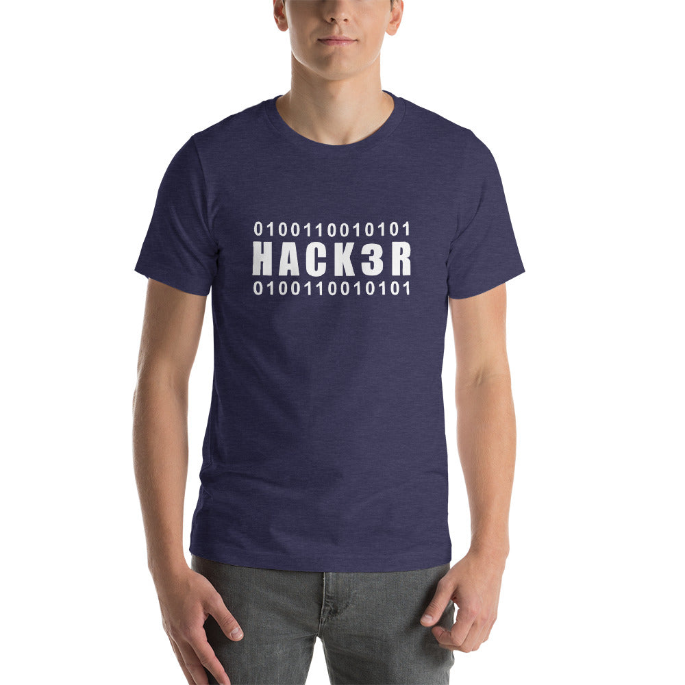 0100110010101 Hack3r Short-Sleeve Unisex T-Shirt (white text) by DarkByteGear