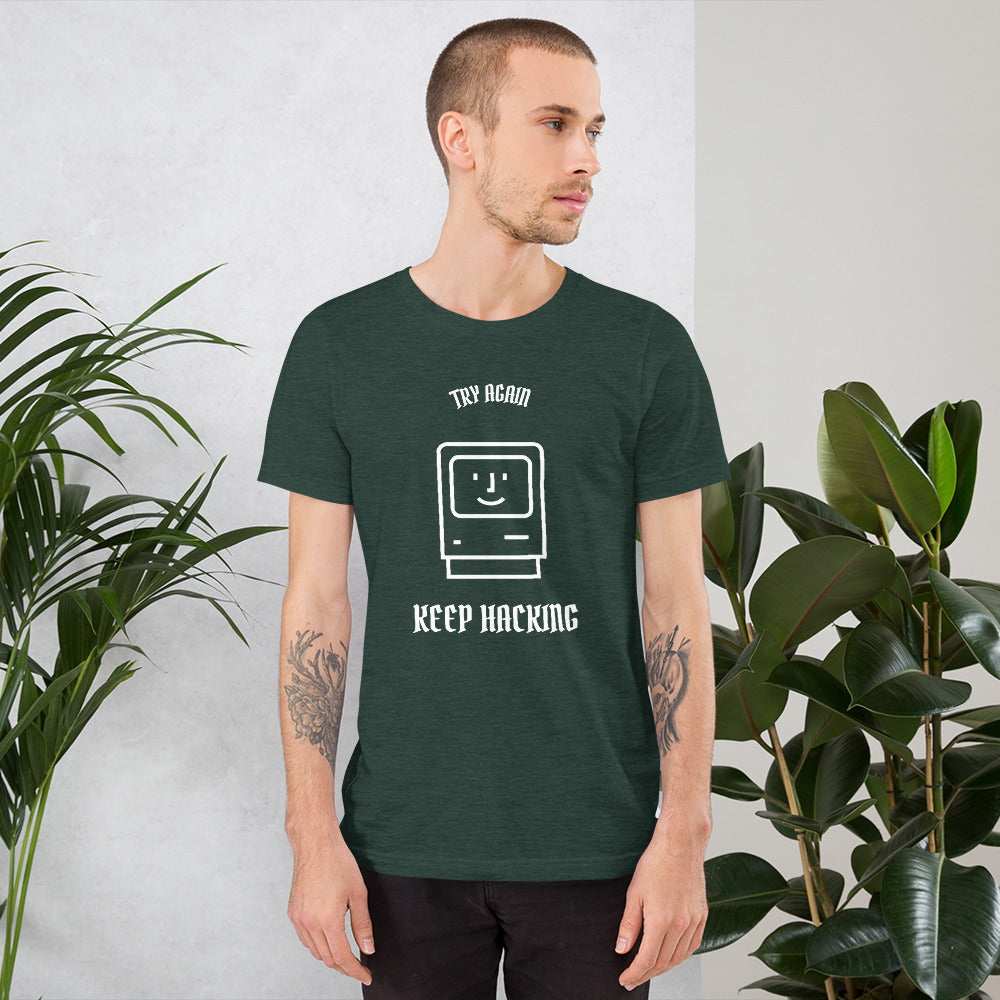 Keep hacking - Short-Sleeve Unisex T-Shirt (white text) by DarkByteGear