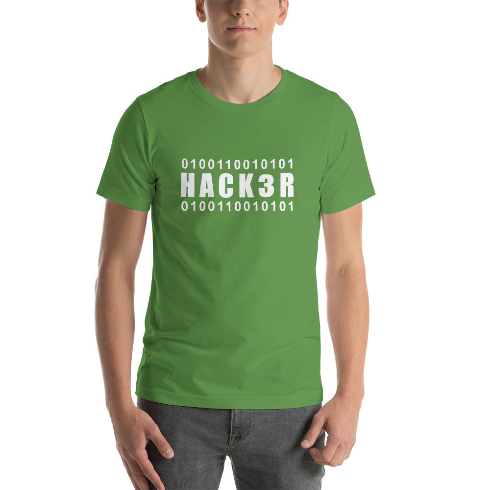 0100110010101 Hack3r Short-Sleeve Unisex T-Shirt (white text) by DarkByteGear