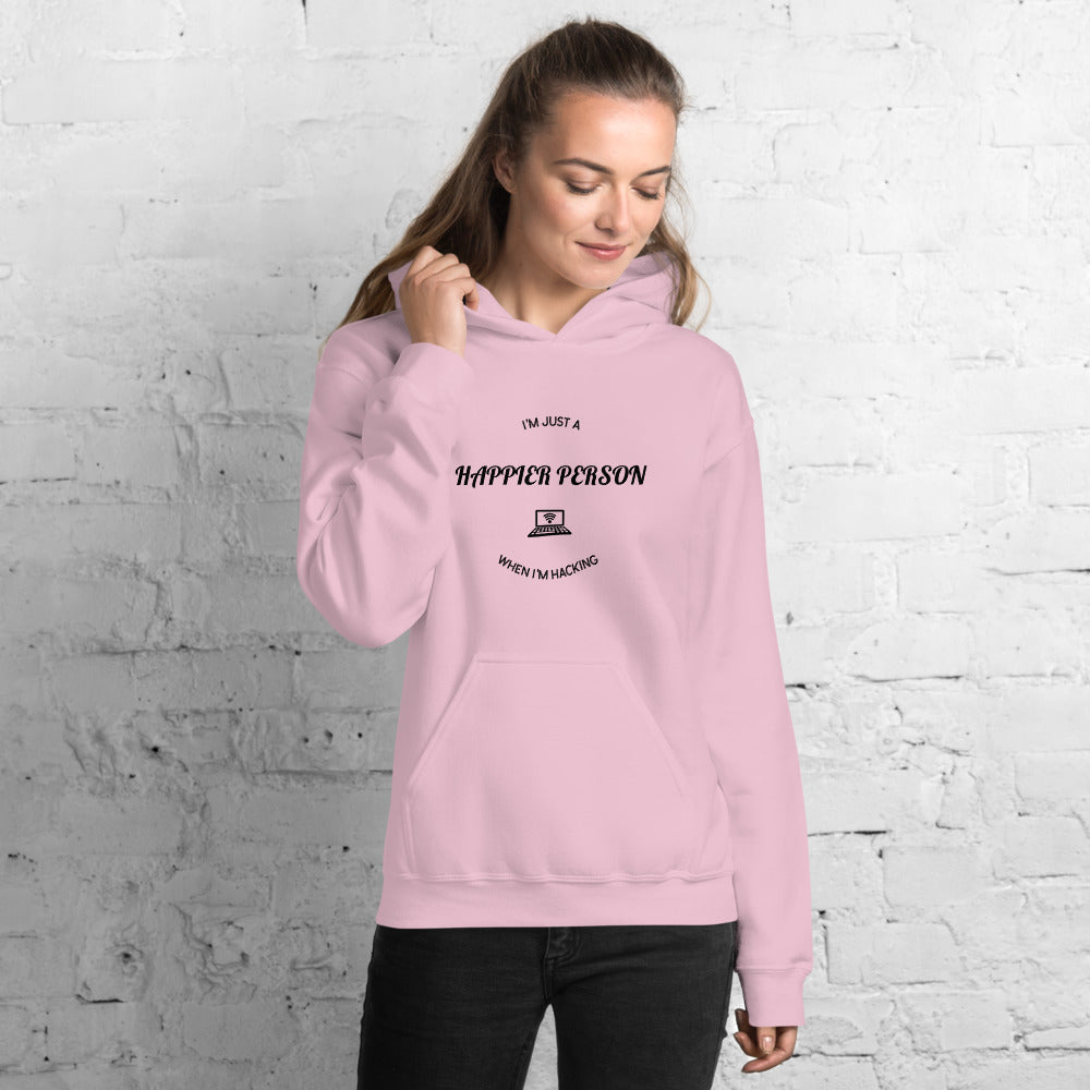 I'm a happier person when I'm hacking - Unisex Hoodie (black text) by DarkByteGear