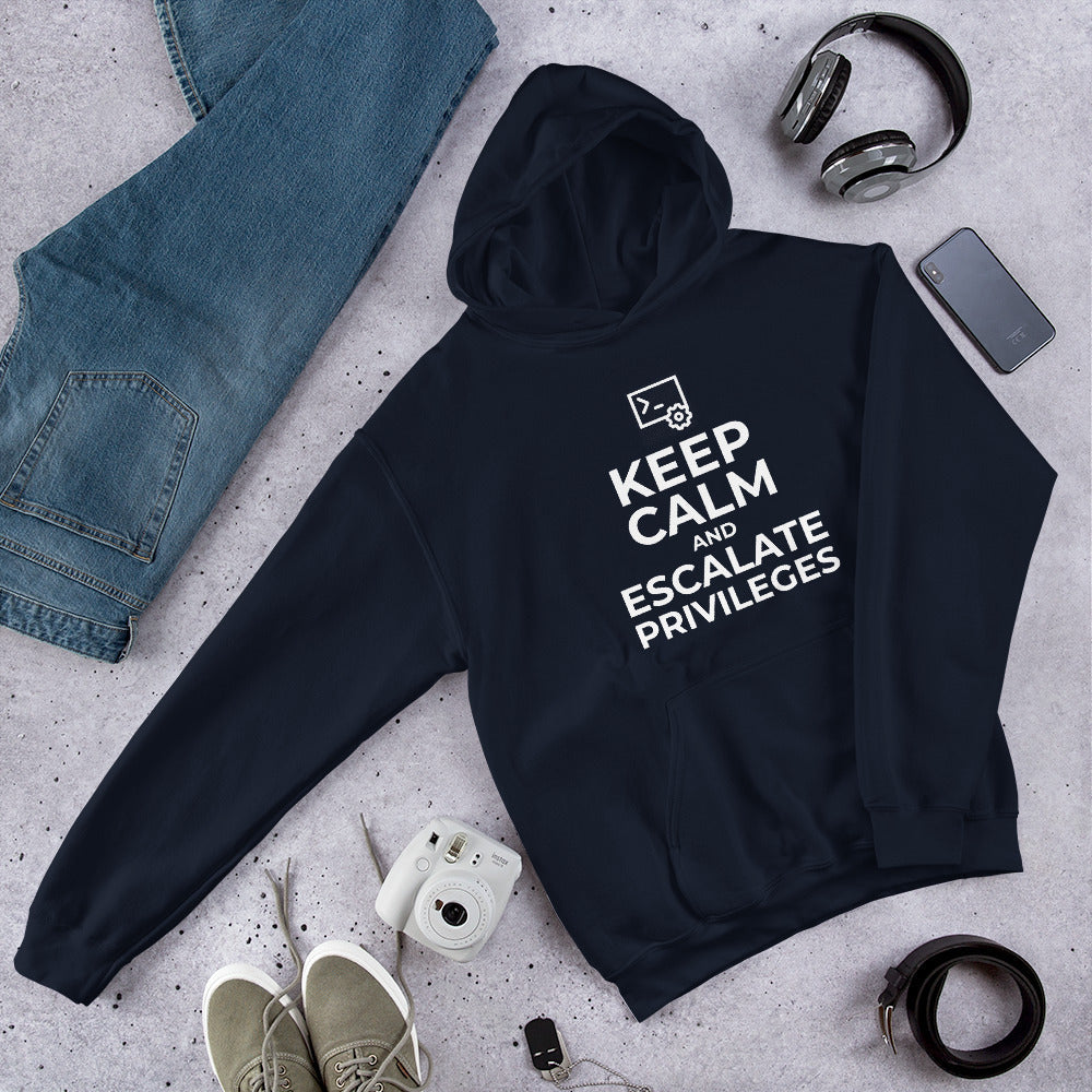 Keep calm and escalate privileges - Unisex Hoodie (white text) by DarkByteGear