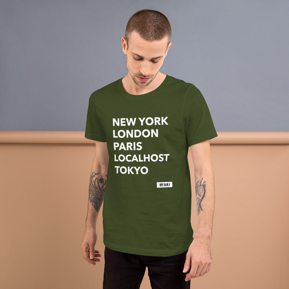 New York London Paris Localhost Tokyo 127.0.0.1 - Short-Sleeve Unisex T-Shirt by DarkByteGear