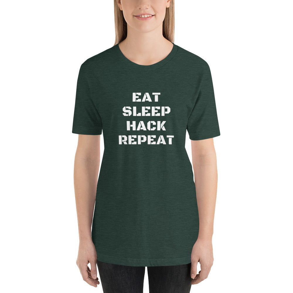 EAT SLEEP HACK REPEAT - Short-Sleeve Unisex T-Shirt (white text) by DarkByteGear