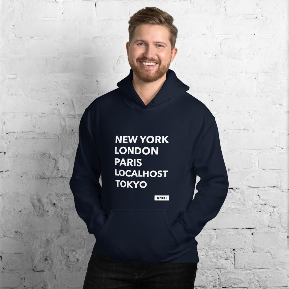 New York London Paris Localhost Tokyo 127.0.0.1 - Unisex Hoodie by DarkByteGear