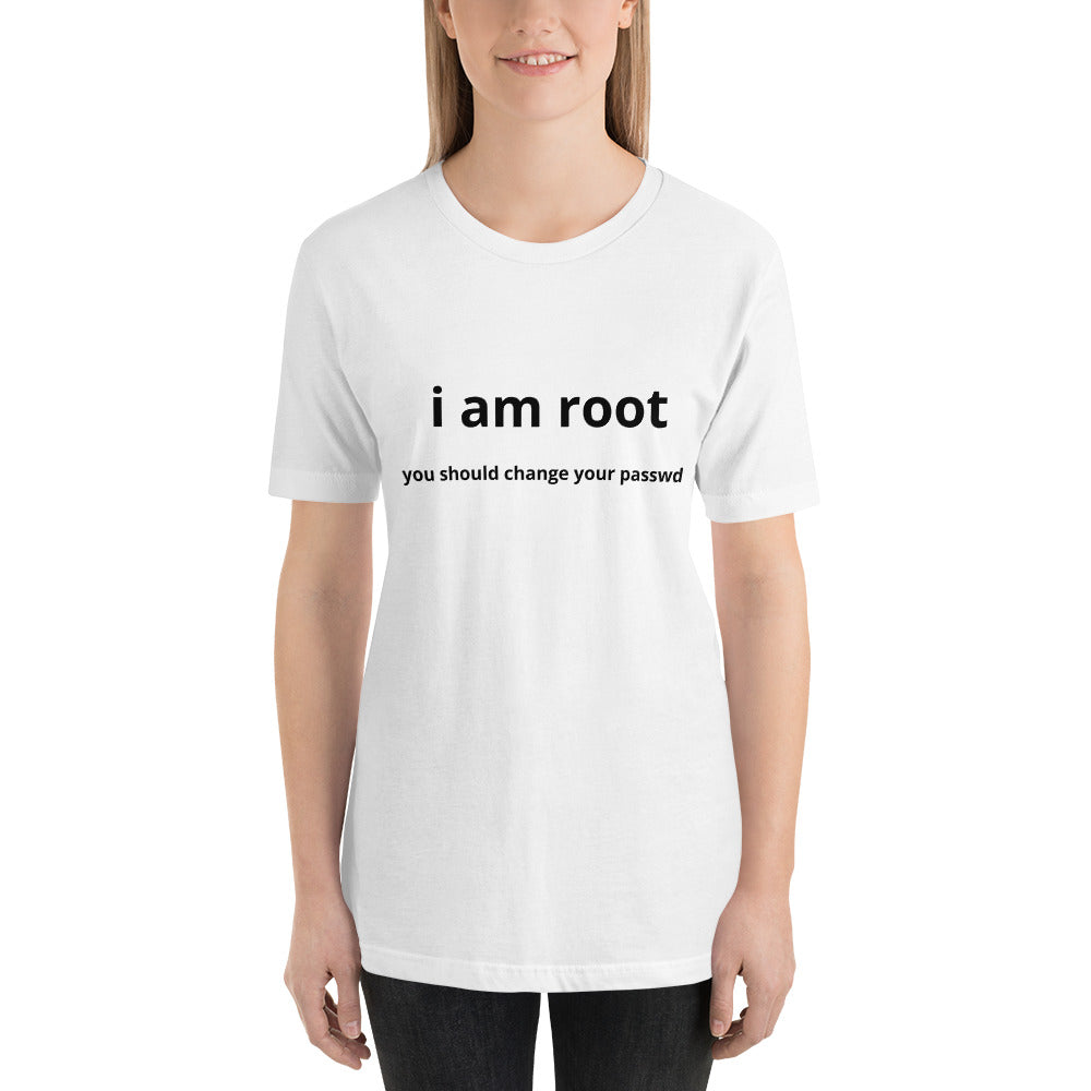 i am root - Short-Sleeve Unisex T-Shirt (black text) by DarkByteGear
